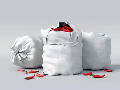 Open White Storage Bags With Red Chili Peppers And Scattered Peppers 3d model