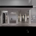 Modern Lobby Interior With Reception Desk Multiple Doors Red Decorative Wall And Gray Flooring