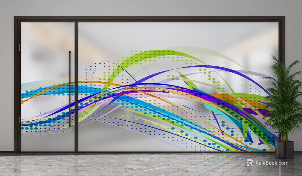 Modern Glass Partition With Colorful Wavy Lines And Dot Patterns Design 3d model