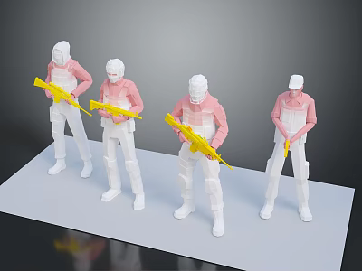 Yellow Weapon Held by White Figurines with Pink Tops and White Helmets on White Platform 3d model