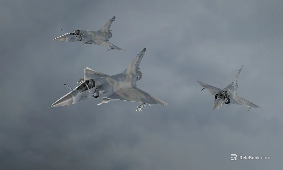 Three Military Fighter Jets Flying In Formation Against Gray Cloudy Sky 3d model 