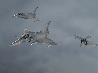 Three Military Fighter Jets Flying In Formation Against Gray Cloudy Sky 3d model