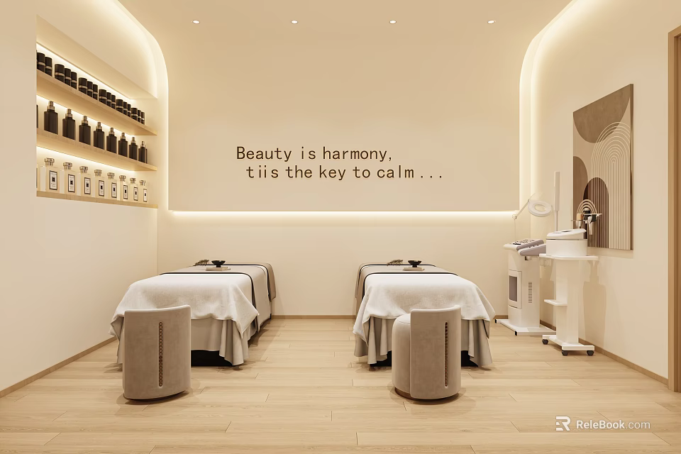 Serene Beauty Salon Interior With Massage Beds And Skincare Products 3d model 
