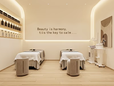 Serene Beauty Salon Interior With Massage Beds And Skincare Products 3d model
