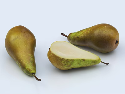 Three Fresh Ripe Greenish Yellow Pears Whole and Sliced on White Background 3d model