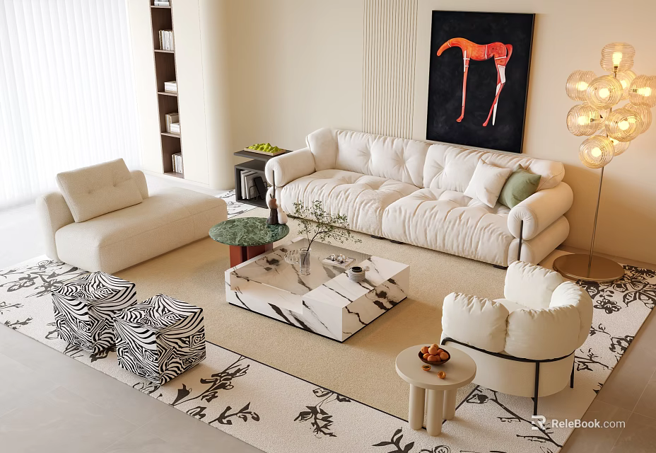 Modern Sofa Coffee Table Set with Marble Top White Armchair Zebra Ottoman and Floor Lamp 3d model 
