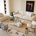 Modern Sofa Coffee Table Set with Marble Top White Armchair Zebra Ottoman and Floor Lamp