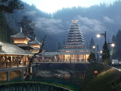 Ancient Town Scenery Featuring Traditional Tower Mountains Trees Water And Buildings 3d model