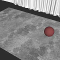 Square Area Rug In Gray Pattern With Red Ball And White Curtains In Bright Light