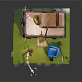 Colorful Camper Van With Luggage Donut Tube Sign Guitar And Campfire On Grass