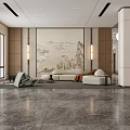 Modern Front Desk Reception Area With Marble Surface Wooden Panels And Logo