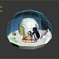 Two Penguins In Snowy Scene With Igloo Sled Colorful Ball And Blue Background