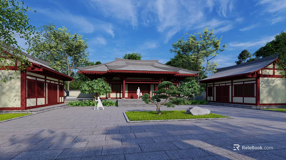 Ancient Traditional Architecture Courtyard With Red Pillars Stone Pavement And Green Plants 3d model 