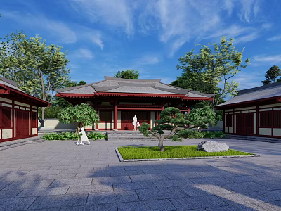 Ancient Traditional Architecture Courtyard With Red Pillars Stone Pavement And Green Plants 3d model
