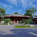 Ancient Traditional Architecture Courtyard With Red Pillars Stone Pavement And Green Plants
