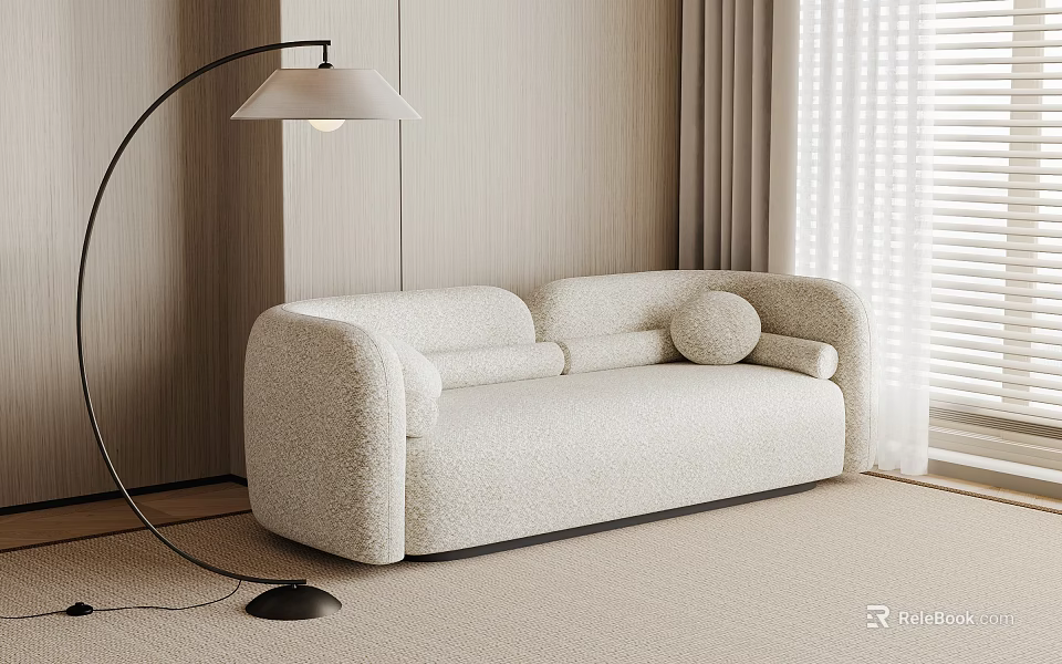 Comfortable Beige Linen Upholstered Sectional Sofa In Modern Living Room 3d model 