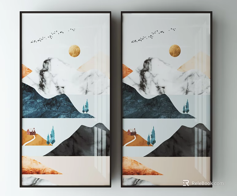 Framed Wall Art With Mountains Moon Birds Small House And Trees 3d model 