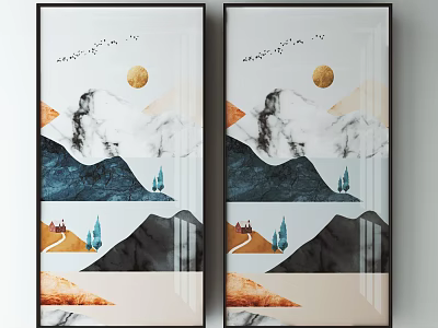 Framed Wall Art With Mountains Moon Birds Small House And Trees 3d model