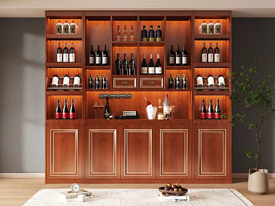 Elegant Wooden Wine Cabinet With Multi Tiered Shelves And Various Wine Bottles Glasses 3d model