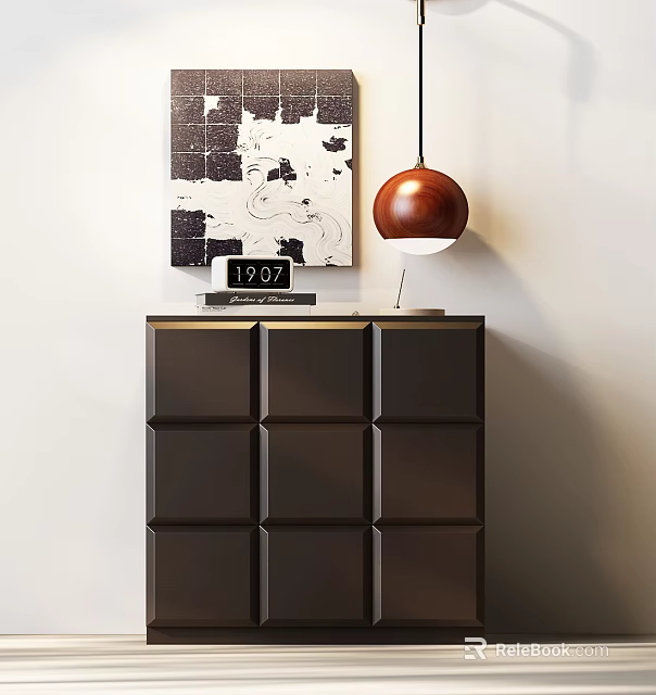 Dark Bedside Cabinet With Copper Round Lamp Digital Clock And Abstract Wall Art 3d model