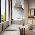 Modern Hotel Guest Room Interior With Wooden Floor Large Window Bed Desk And Chair