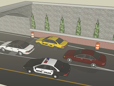 Police Car Parked With Yellow White And Red Cars Near Brick Wall And Trees 3d model