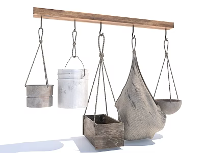 Different Household Containers Hanging On Wooden Rod 3d model