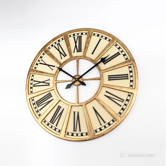 Classic Round Wall Clock With Golden Frame And Roman Numerals 3d model 