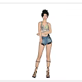 Women in Lace Crop Top and Denim Shorts with Strappy High Heels Front Back View