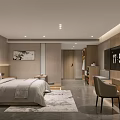 Modern Minimalist Hotel Guest Room With King Bed Green Pillows Wooden Accents And Recessed Lighting