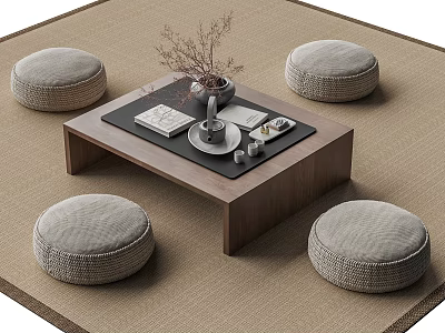Wooden Tea Table With Round Gray Cushions Tea Set And Books On Beige Mat 3d model