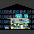 Blue Multi layered Architectural Model With Green Spheres Circular Platform And Server Racks