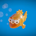 Orange Cartoon Fish With Big Eyes And Bubbles On Blue Background 3d model