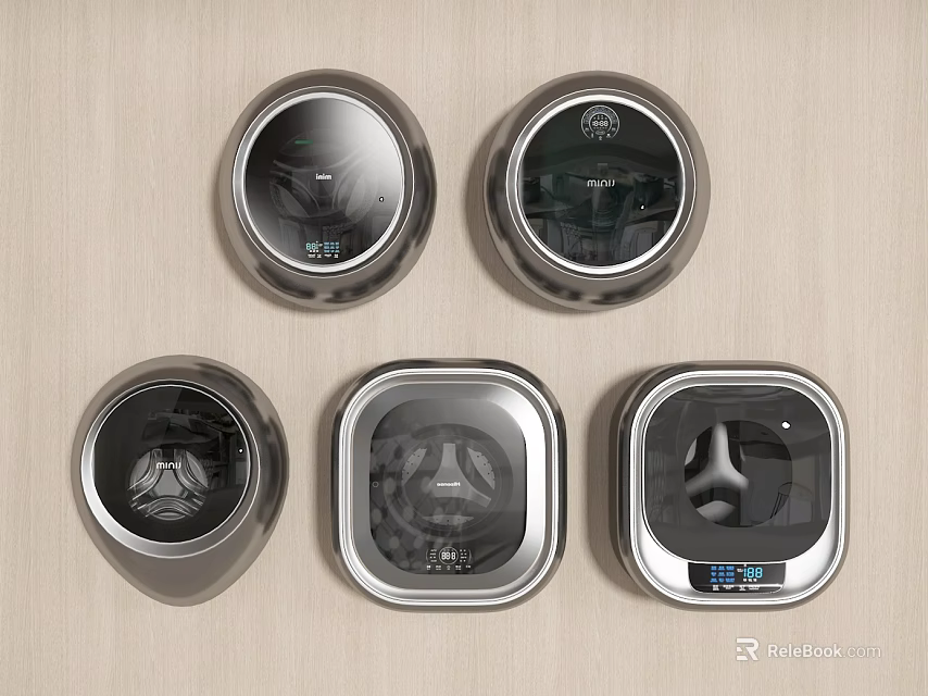 Modern Silver Washing Machines With Different Shapes And Control Panels Design 3d model