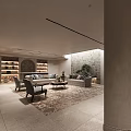 Minimalist Modern Reception Room With Glass Bricks Projection Screen And Vintage Cabinet