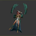 Fantasy Character And Mythical Creature With Red Hair Green And Gold Outfit And Decorative Hat