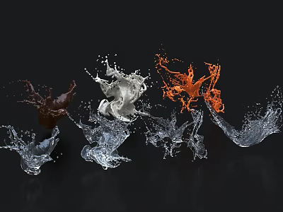 Artistic Water Splash Sculptures In Brown Silver Orange And Transparent Dynamic Forms On Black Background 3d model