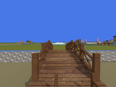 Wooden Landscape Bridge with Wooden Planks and Railings over Green Grass Under Blue Sky 3d model