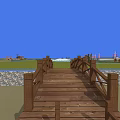 Wooden Landscape Bridge with Wooden Planks and Railings over Green Grass Under Blue Sky