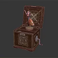 Decorative Ornament Set with Open Brown Carved Box Traditional Costume Figurine Intricate Patterns and Handle Detail