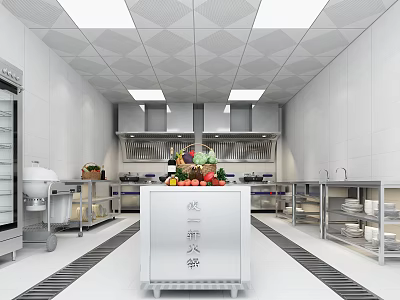 Commercial Kitchen Interior With Stainless Steel Worktables Storage Cabinets And Ventilation System 3d model