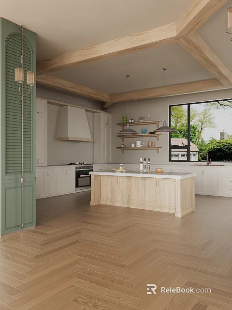 Rustic Modern Kitchen Interior With Green Door Wooden Ceiling White Cabinets And Central Island 3d model 