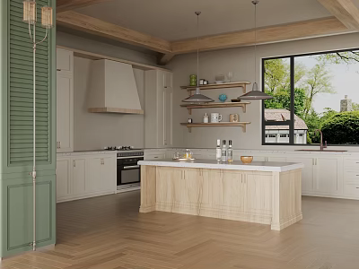 Rustic Modern Kitchen Interior With Green Door Wooden Ceiling White Cabinets And Central Island 3d model