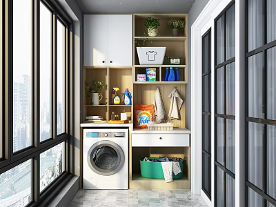 Balcony Laundry Space With Washing Machine Shelves Cleaning Supplies And Natural Light 3d model