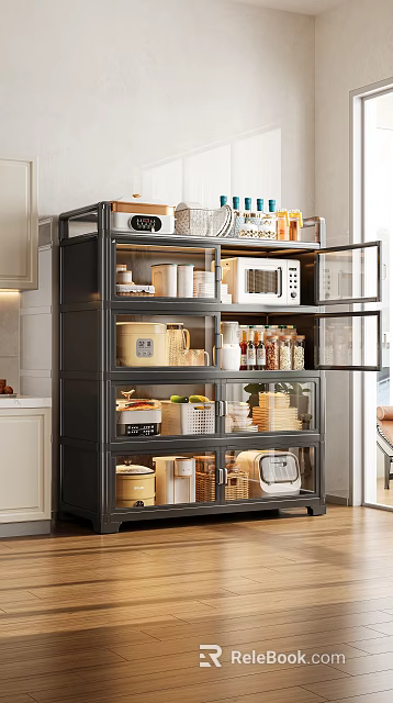 Kitchen Decorative Storage Organizer Set With Black Multi Layer Rack Glass Doors Microwave Cans Bowls And Baskets 3d model 
