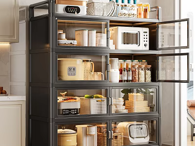 Kitchen Decorative Storage Organizer Set With Black Multi Layer Rack Glass Doors Microwave Cans Bowls And Baskets 3d model