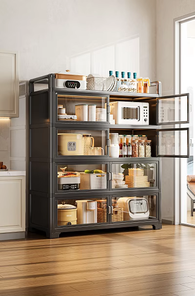 Kitchen Decorative Storage Organizer Set With Black Multi Layer Rack Glass Doors Microwave Cans Bowls And Baskets 3d model