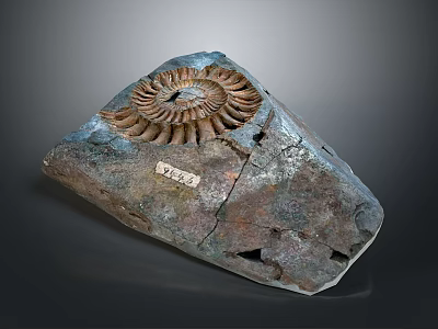 Ammonite Fossil Embedded In Blue Gray Rock With Labeled Number And Cracks 3d model