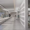 Modern Clothing Store Interior With Racks Of Blue Gray White Garments And Display Shelves