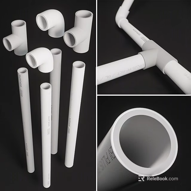White PVC Plumbing Pipes And Various Fittings Like Straight Elbow And Tee 3d model 